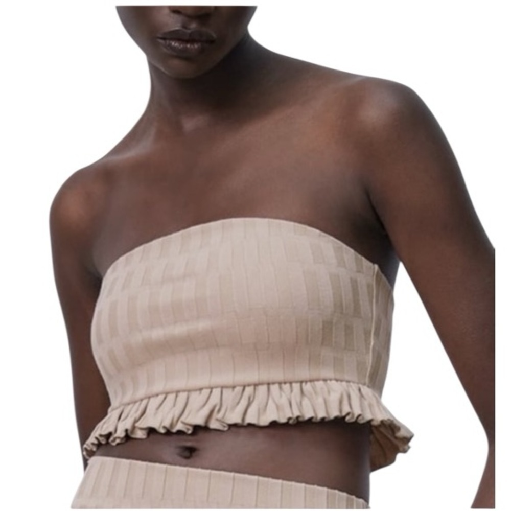 Zara Bandeau Top Ruffled Nude Beige Cropped Women’s Large Summer Boho Beach Tan